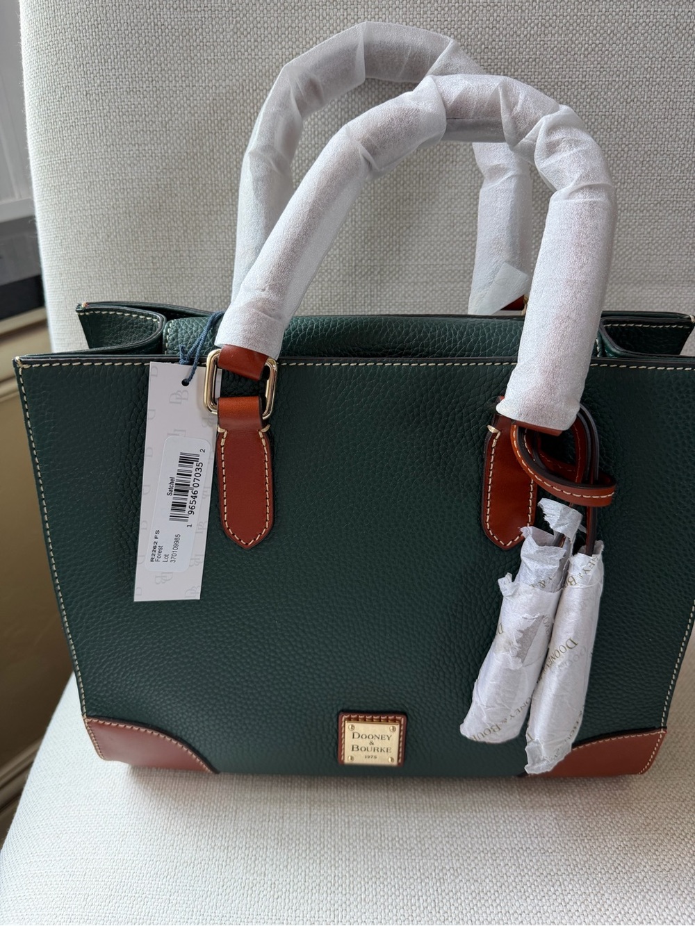 Dooney & Bourke Green Pebble Leather Satchel Tote with British Tan TrimAuthentic